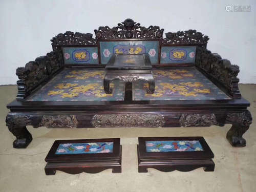 A ZITAN WOOD CARVED GEM DECORATED BED AND TABLES