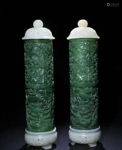 PAIR HETIAN GREEN JADE CARVED BAMBOO PATTERN TUBE