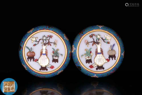 PAIR CLOISONNE GEM DECORATED BOXES