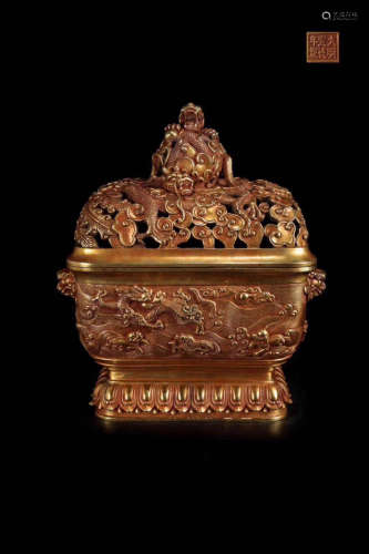 A GILT COPPER BEAST PATTERN CENSER