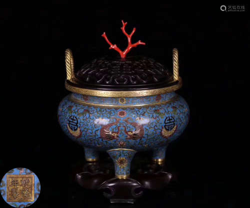 A BRONZE CLOISONNE CORAL DECORATED CENSER