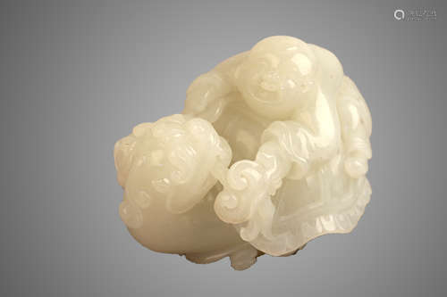 17-19TH CENTURY, A GIVING MONEY CHILD&TURTLE HETIAN JADE ORNMENT, QING DYNASTY