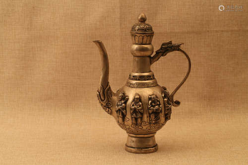17-19TH CENTURY, A EIGHT IMMORTALS PATTERN SILVER POT,QING DYNASTY