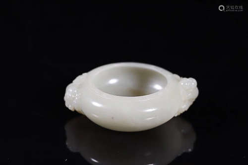 18-19TH CENTURY, A CHARACTER DESIGN DOUBLE-EAR HETIAN JADE WATER CONTAINER, LATE QING DYNASTY