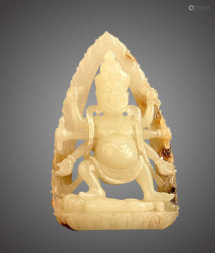 17-19TH CENTURY, A SIX ARMS KING KONG JADE STATUE, QING DYNASTY