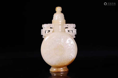 17-19TH CENTURY, A DRAGON DESIGN DOUBLE-EAR JADE VASE, QING DYNASTY