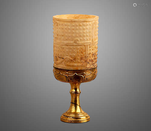 206 BC-220 AD, A JADE INLAY GILT BRONZE GOBLET, HAN DYNASTY