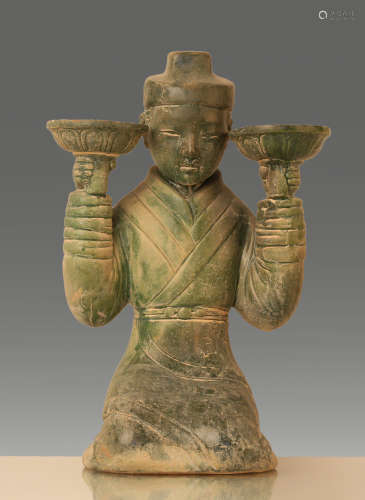 220-589 AD, A BLUE PORCELAIN KNEEL DOWN& HANDS RAISE FIGURINES LAMP , WEI AND JIN DYNASTIES