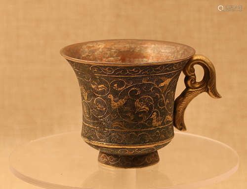 7-9TH CENTURY, A FLORAL&BIRD PATTERN GILT  BRONZE CUP, TANG DYNASTY