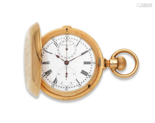 Circa 1895  Henry Moser & Co. An 18K gold keyless wind full hunter chronograph pocket watch with 1/5th seconds