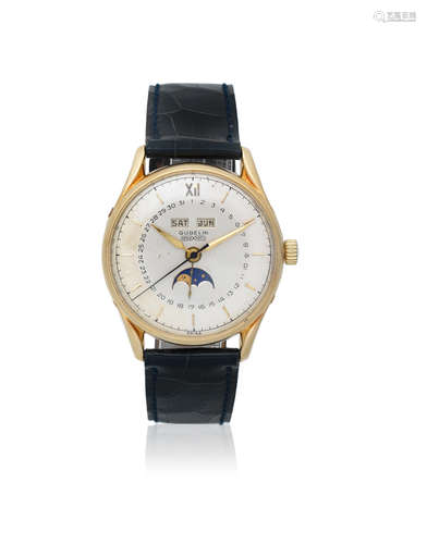 Ipsomatic, Circa 1950  Gübelin. A 14K gold and stainless steel automatic triple calendar wristwatch with moon phase