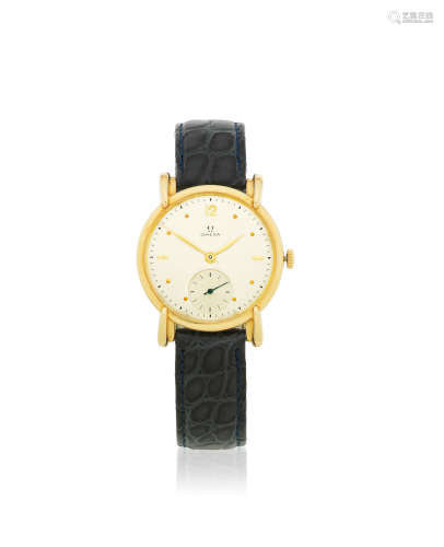 Circa 1944  Omega. An 18K gold manual wind wristwatch with fancy lugs