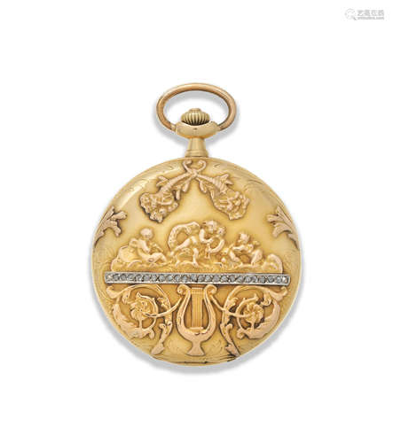 Circa 1910  Movado. An 18K gold and diamond set keyless wind full hunter pocket watch