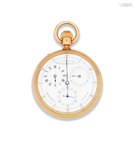 London Hallmark for 1933  Sir John Bennett Ltd, 65 Cheapside E. C and 105 Regent St, London. W. An 18K gold keyless wind open face calendar chronograph pocket watch with regulator dial