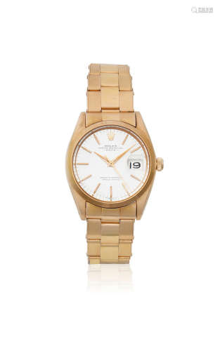Date, Ref: 1500, Sold 3rd October 1966  Rolex. An 18K rose gold automatic calendar bracelet watch
