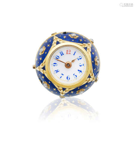 Circa 1900  A continental gold, enamel and diamond set keyless wind ball-form watch