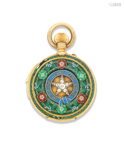 Circa 1900  LeRoy Et Fils, Paris. A fine gold, enamel and diamond set minute repeating perpetual calendar chronograph pocket watch with barometer and thermometer
