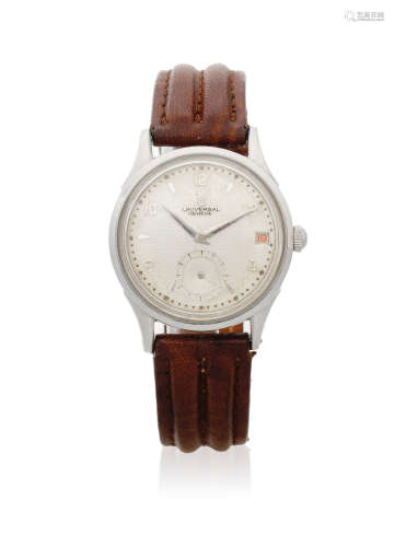 Polerouter, Circa 1955  Universal Genève. A stainless steel bumper automatic calendar wristwatch with roulette date wheel