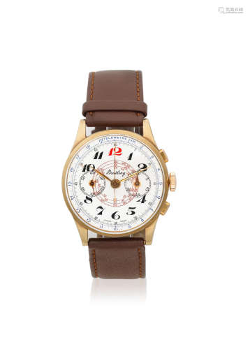 Circa 1950  Breitling. An 18K gold manual wind chronograph wristwatch