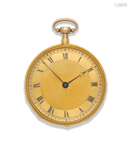 Circa 1810  French. A good continental gold open face key wind musical quarter repeating pocket watch