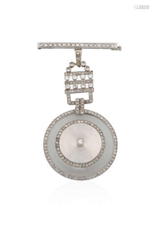 Circa 1930  Cartier. A white gold and diamond set keyless wind pocket watch with brooch