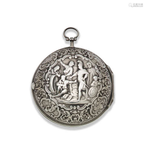 Circa 1760  Langin. A continental silver key wind pair case pocket watch with cast decoration depicting Alexander the Great and Diogenes