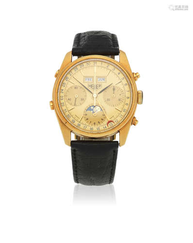 Golden Hours, Ref: 721.208, Circa 1985  Heuer. An 18K gold manual wind triple calendar chronograph wristwatch with moon phase