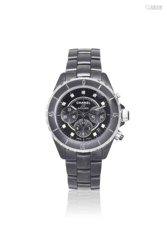 J12, Ref: W.M.52751, Circa 2005  Chanel. A black ceramic automatic calendar chronograph bracelet watch