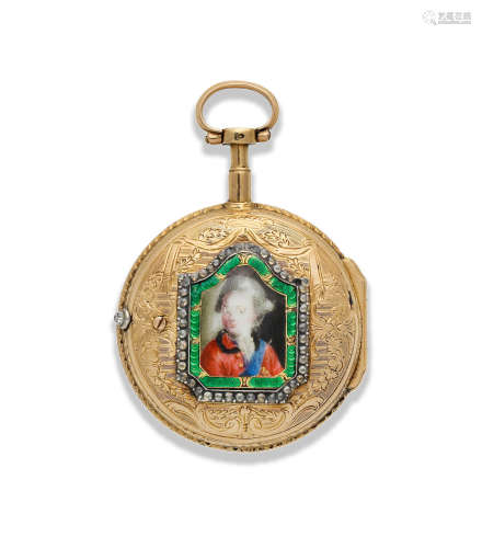 Circa 1790  Lepine. A continental gold key wind open face pocket watch with painted enamel portrait to reverse