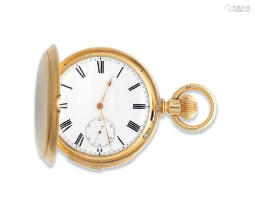 London Hallmark for 1880  An 18K gold keyless wind full hunter minute repeating pocket watch