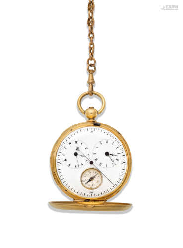 Circa 1820  Siegrist & Cie, Chaux de Fonds. A continental gold key wind full hunter pocket watch with dual time zone and compass