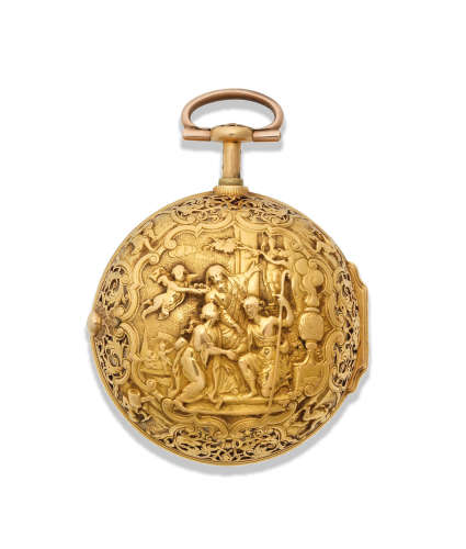 Circa 1740  John Prou, London. A gold key wind repeating pair case pocket watch with repousse decoration