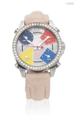 Five Time Zones, Ref: No.056, Circa 2005  Jacob & Co. A stainless steel diamond set quartz calendar wristwatch with multiple time zones