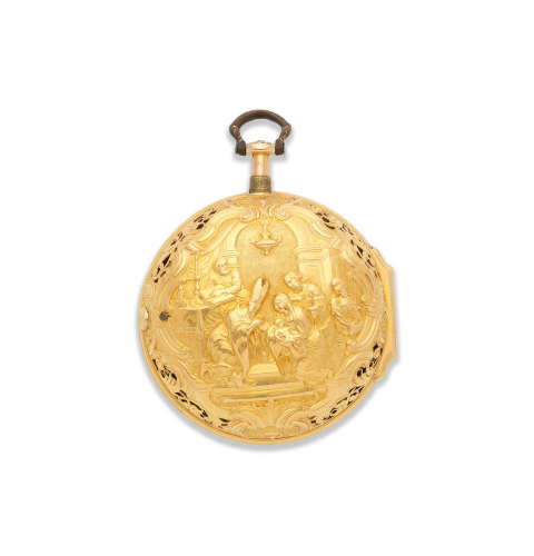 London Hallmark for 1743  H. Fish, London. An 18K gold key wind pair case repousse pocket watch signed by H Manly