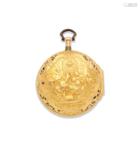 London Hallmark for 1743  H. Fish, London. An 18K gold key wind pair case repousse pocket watch signed by H Manly