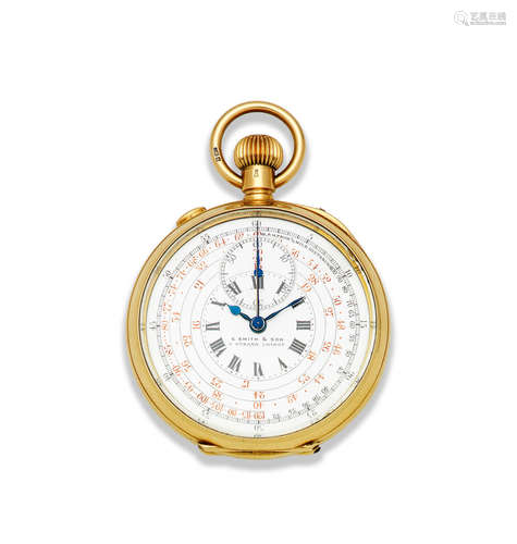 London Import mark for 1908  S. Smith and Son, 9 Strand, London. An 18K gold keyless wind open face split second chronograph pocket watch