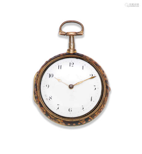 Circa 1800  James Williams, London. A gilt metal and under-painted horn pair case pocket watch
