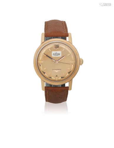 Conquest, Ref: 9025 4, Circa 1965  Longines. An 18K rose gold automatic calendar wristwatch with cartouche bearing the name of Abdullah al-Mubarak al-Sabah to dial