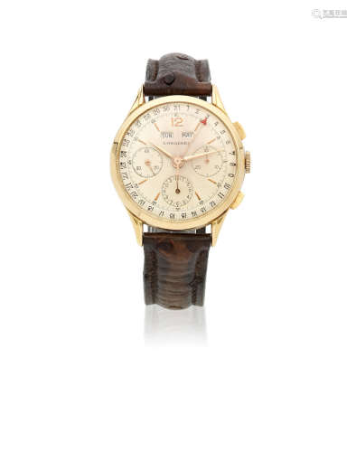 Ref: 3902, Circa 1950  Longines. An 18K gold manual wind triple calendar chronograph wristwatch