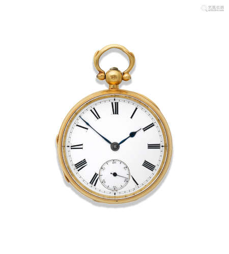 London Hallmark for 1847  James Pecolier Crowder. An 18K gold keyless wind open face pocket watch