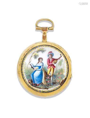 Circa 1800  A gilt metal key wind open face with painted enamel scene
