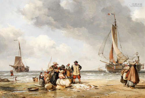 Selling fish, Scheveling beach  Edward William Cooke, RA(British, 1811-1880)