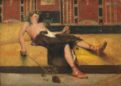 A bacchante holding a thyrsus, reclining in a classical interior Cesare Ciani(Italian, 1854-1925)
