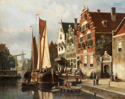 Dutch canal scene with barge unloading Willem Koekkoek(Dutch, 1839-1895)