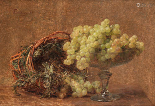 Still life with grapes in a glass vase and a basket of herbs Henri Fantin-Latour(French, 1836-1904)