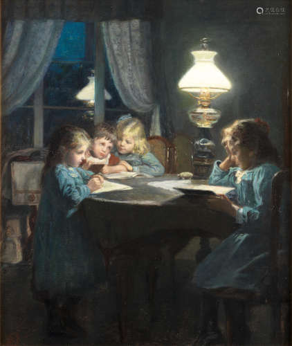 Children reading by lamp light Knud Erik Larsen(Danish, 1865-1922)