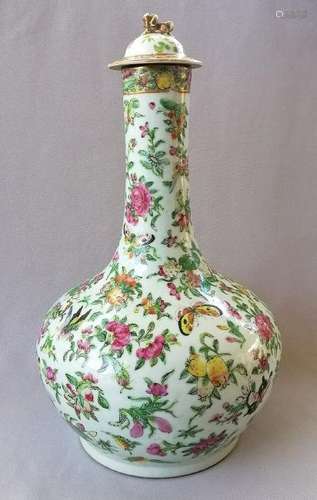 CHINESE 19TH C. FAMILLE ROSE LIDDED BOTTLE VASE