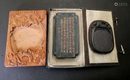 THREE PIECES OF CHINESE INKSTONES AND INK STICK