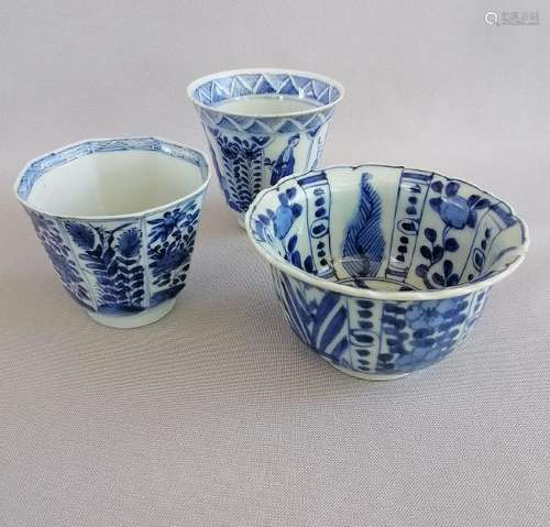 THREE CHINESE QING KANG XI BLUE AND WHITE CUPS