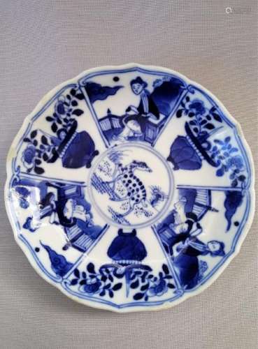 CHINESE KANG XI BLUE AND WHITE FLOWER MOUTH PLATE
